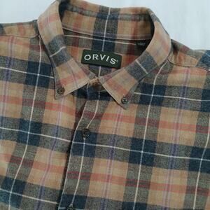 Orvis Men's Lg Long-Sleeved Heavyweight Brown Plaid Flannel 100% Cotton Shirt